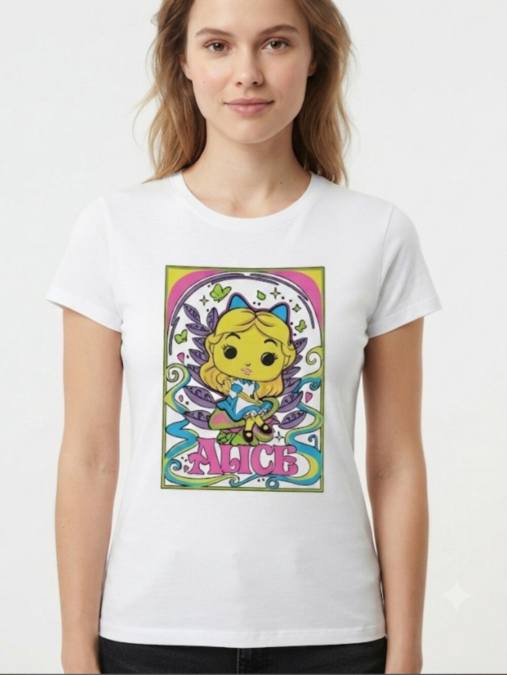 Upcycled Alice in Wonderland Graphic T-Shirt Size M Whimsical Pop Art Tee DTF
